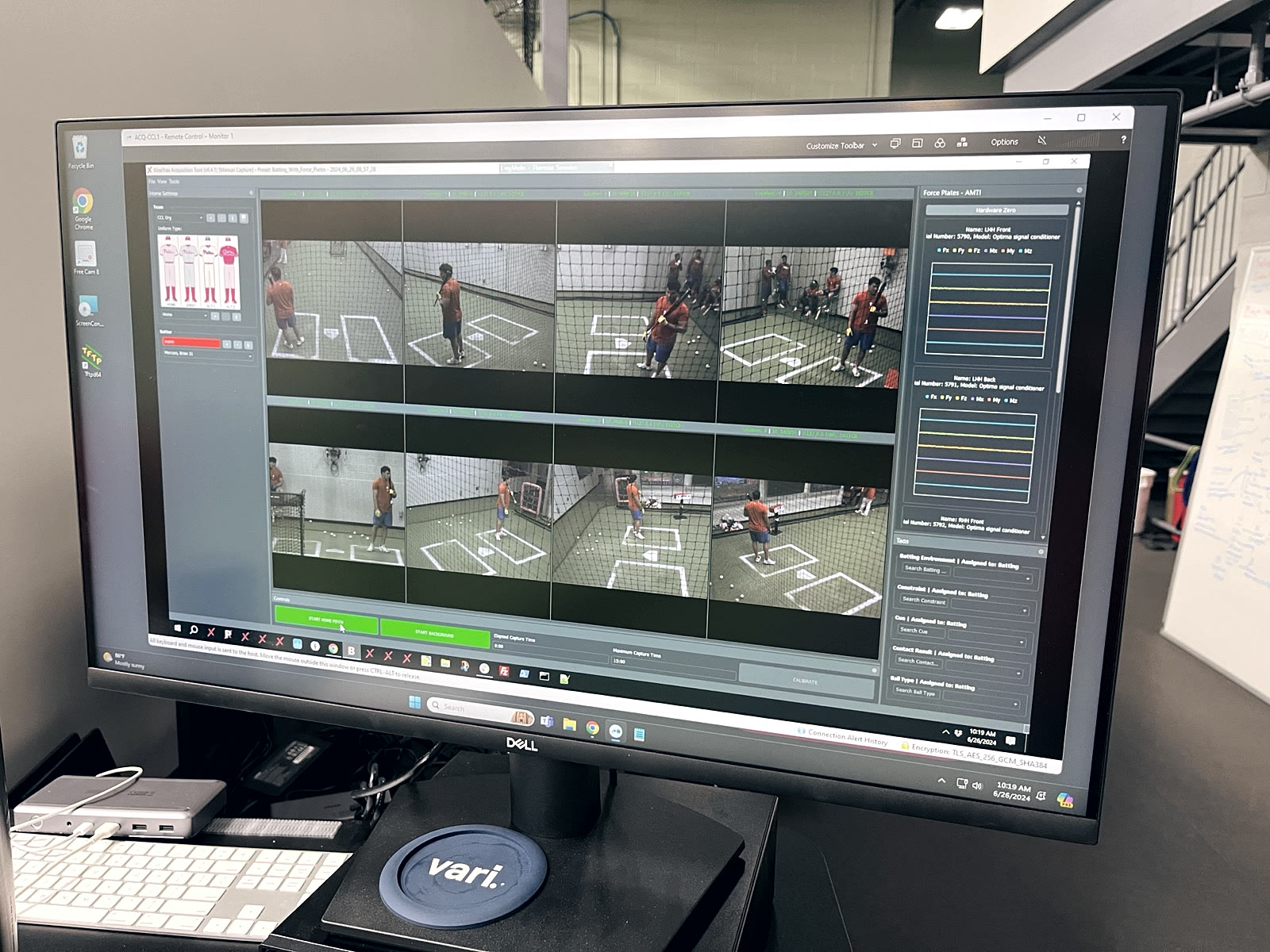 Force-plate and multi-camera motion-capture batting analysis software used at a Philadelphia Phillies spring training facility